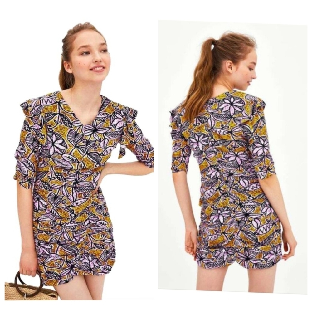Zara Short Printed Gathered Dress Ruffle Sleeve Large
